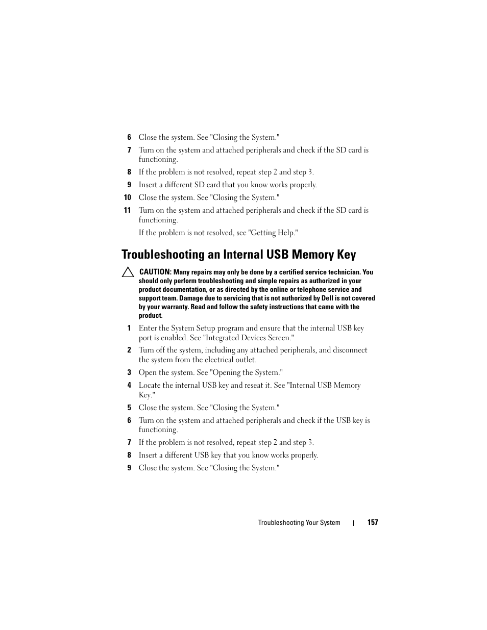 Troubleshooting an internal usb memory key | Dell PowerVault DL2100 User Manual | Page 157 / 200