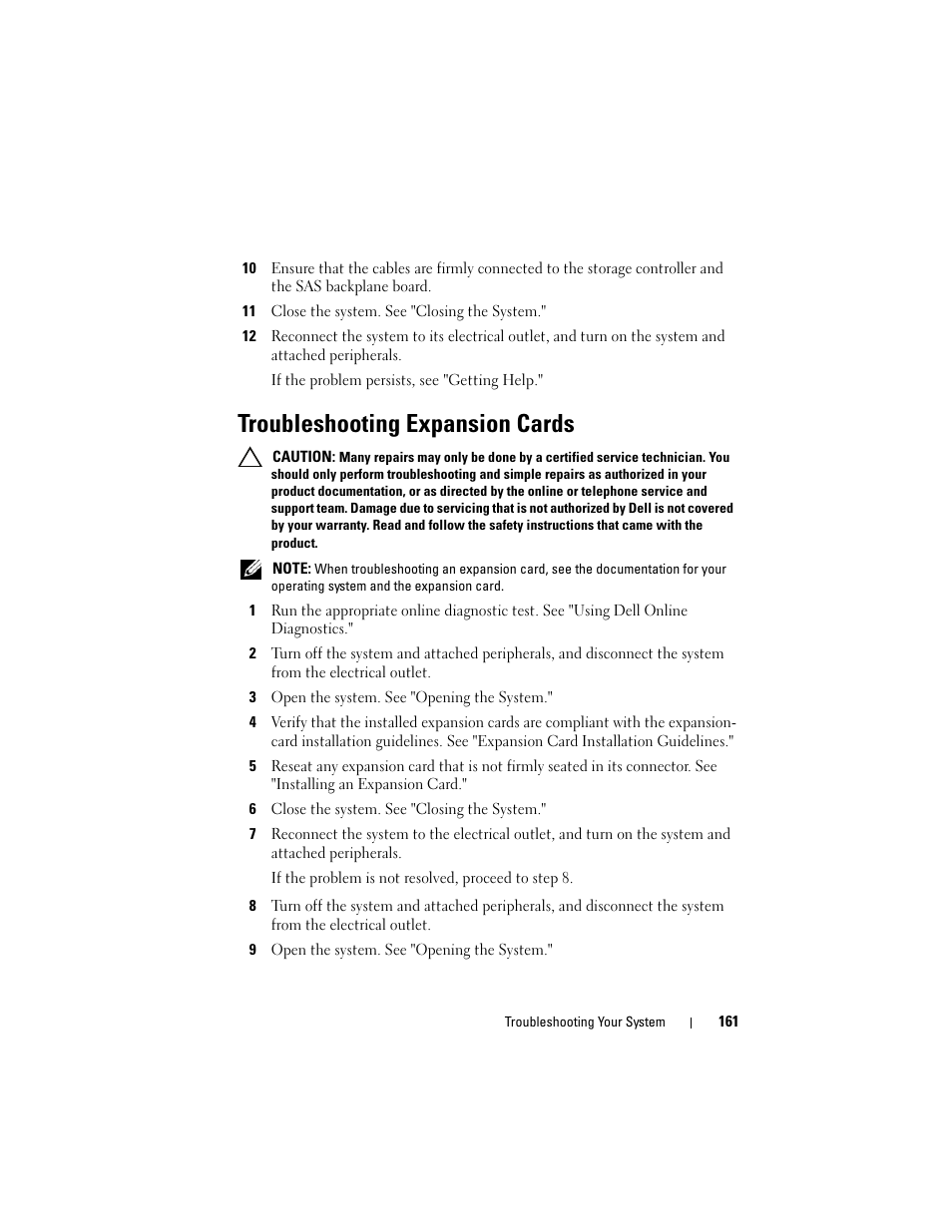 Troubleshooting expansion cards, Troubleshooting expansion cards." if the problem | Dell PowerVault DL2100 User Manual | Page 161 / 200