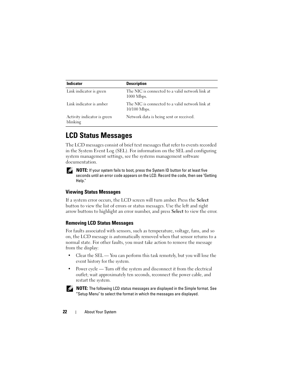 Lcd status messages, Viewing status messages, Removing lcd status messages | Dell PowerVault DL2100 User Manual | Page 22 / 200