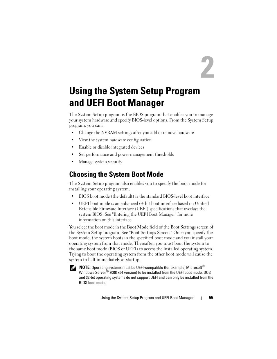 Choosing the system boot mode, System setup program and uefi boot manager" for | Dell PowerVault DL2100 User Manual | Page 55 / 200