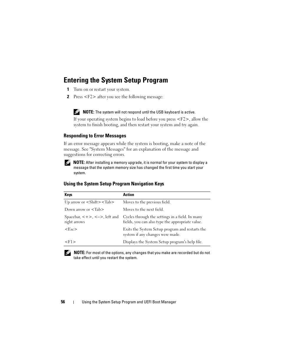 Entering the system setup program, Responding to error messages, Using the system setup program navigation keys | Dell PowerVault DL2100 User Manual | Page 56 / 200