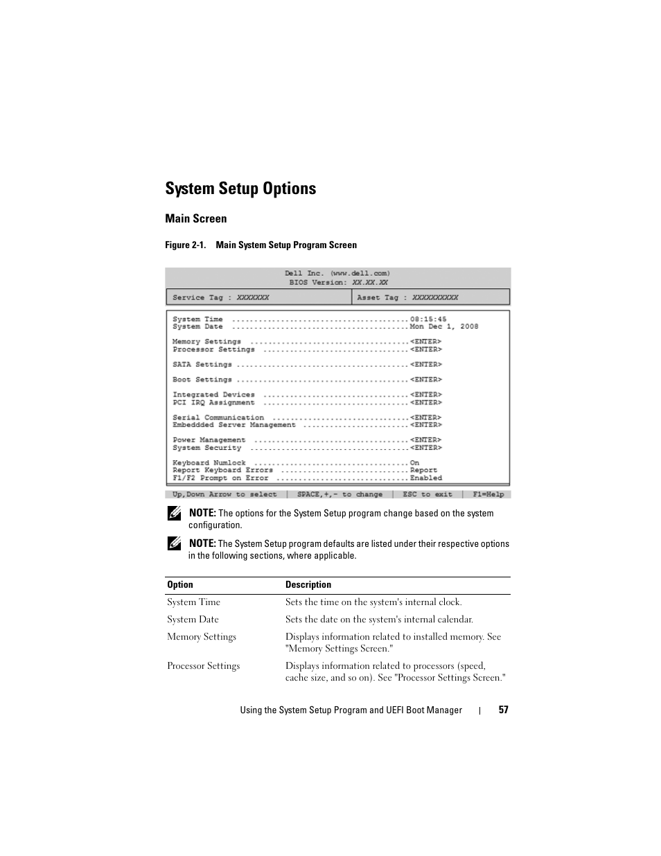 System setup options, Main screen | Dell PowerVault DL2100 User Manual | Page 57 / 200