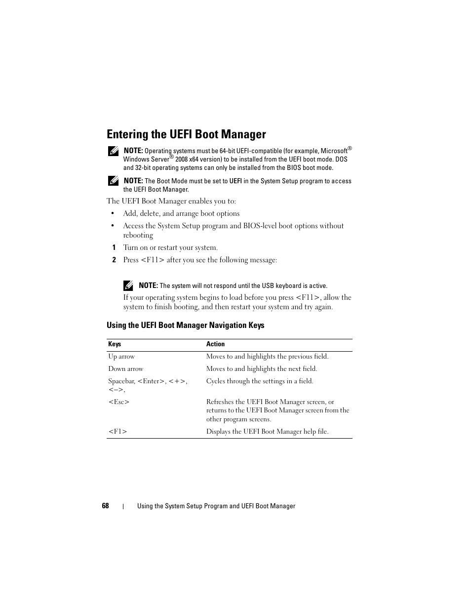 Entering the uefi boot manager, Using the uefi boot manager navigation keys | Dell PowerVault DL2100 User Manual | Page 68 / 200