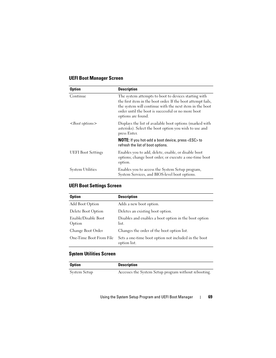 Uefi boot manager screen, Uefi boot settings screen, System utilities screen | Dell PowerVault DL2100 User Manual | Page 69 / 200