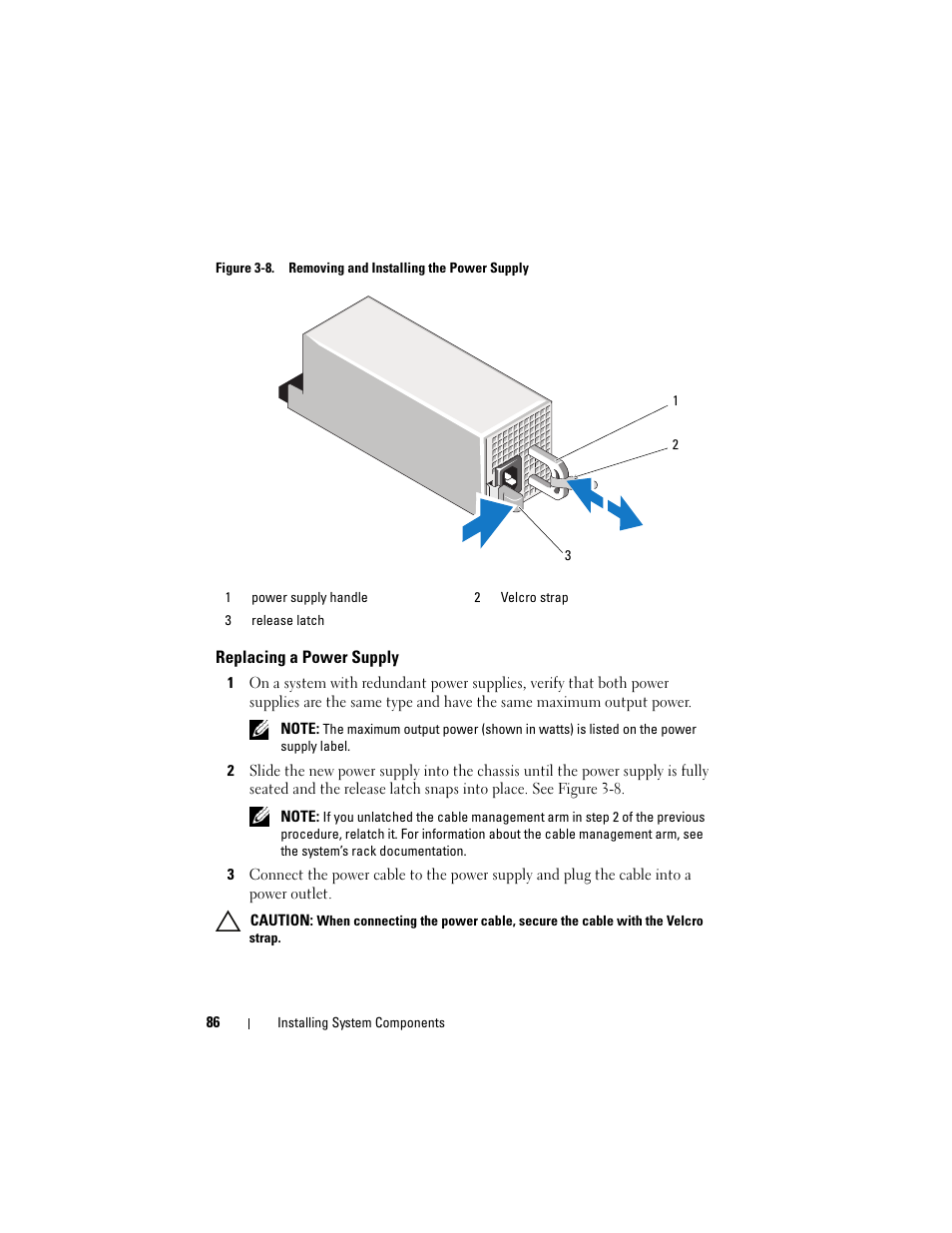 Replacing a power supply | Dell PowerVault DL2100 User Manual | Page 86 / 200