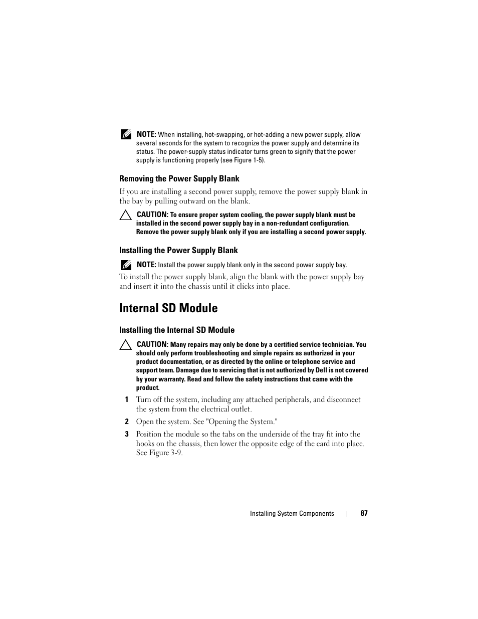 Removing the power supply blank, Installing the power supply blank, Internal sd module | Installing the internal sd module | Dell PowerVault DL2100 User Manual | Page 87 / 200