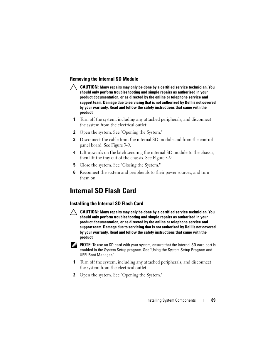 Removing the internal sd module, Internal sd flash card, Installing the internal sd flash card | Dell PowerVault DL2100 User Manual | Page 89 / 200