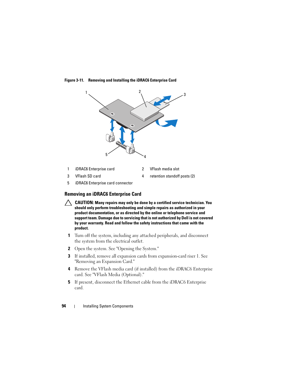 Removing an idrac6 enterprise card, Figure 3-11, Down until it is fully seated. see figure 3-11 | Dell PowerVault DL2100 User Manual | Page 94 / 200