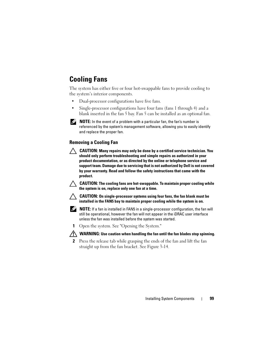 Cooling fans, Removing a cooling fan | Dell PowerVault DL2100 User Manual | Page 99 / 200