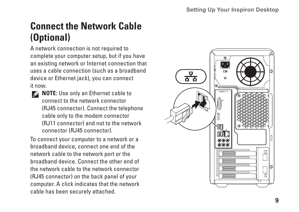 Connect the network cable (optional) | Dell Inspiron 570 (Late 2009) User Manual | Page 11 / 70