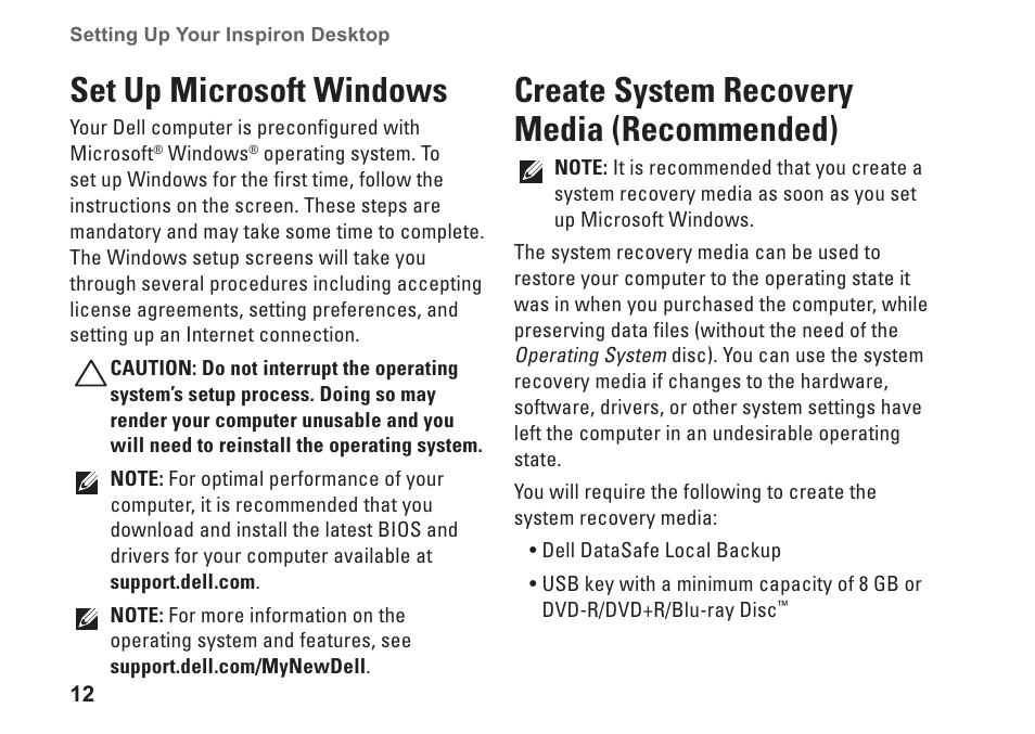 Set up microsoft windows, Create system recovery media (recommended), Recommended) | Dell Inspiron 570 (Late 2009) User Manual | Page 14 / 70