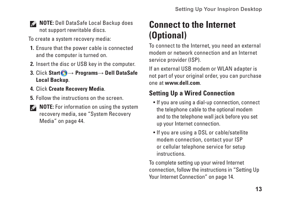 Connect to the internet (optional) | Dell Inspiron 570 (Late 2009) User Manual | Page 15 / 70