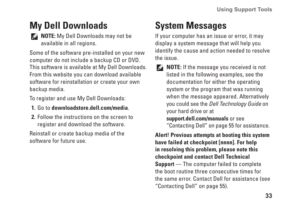 My dell downloads, System messages, My dell downloads system messages | Dell Inspiron 570 (Late 2009) User Manual | Page 35 / 70