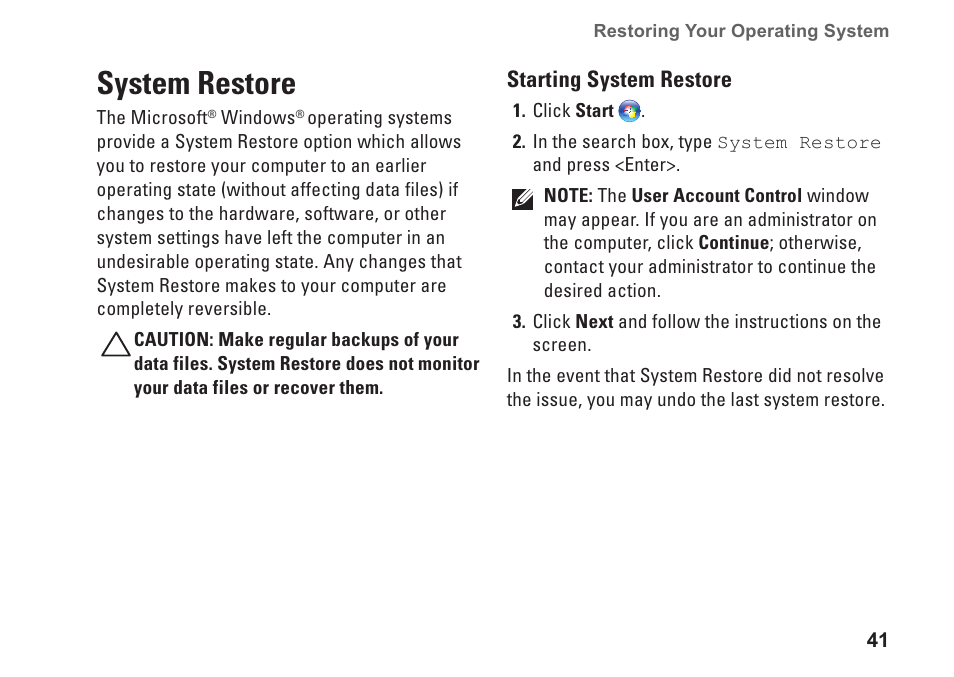 System restore | Dell Inspiron 570 (Late 2009) User Manual | Page 43 / 70