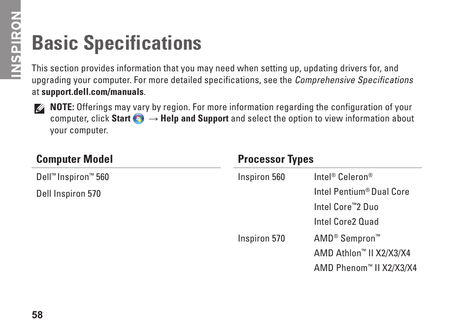 Basic specifications, Inspiron, Computer model | Processor types | Dell Inspiron 570 (Late 2009) User Manual | Page 60 / 70
