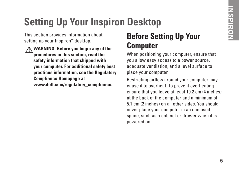 Setting up your inspiron desktop, Before setting up your computer, Inspiron | Dell Inspiron 570 (Late 2009) User Manual | Page 7 / 70