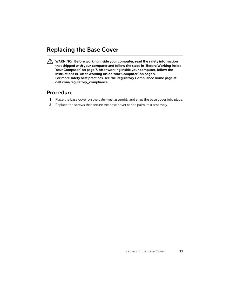 Replacing the base cover, Procedure | Dell Inspiron 11 (3138, Late 2013) User Manual | Page 11 / 49