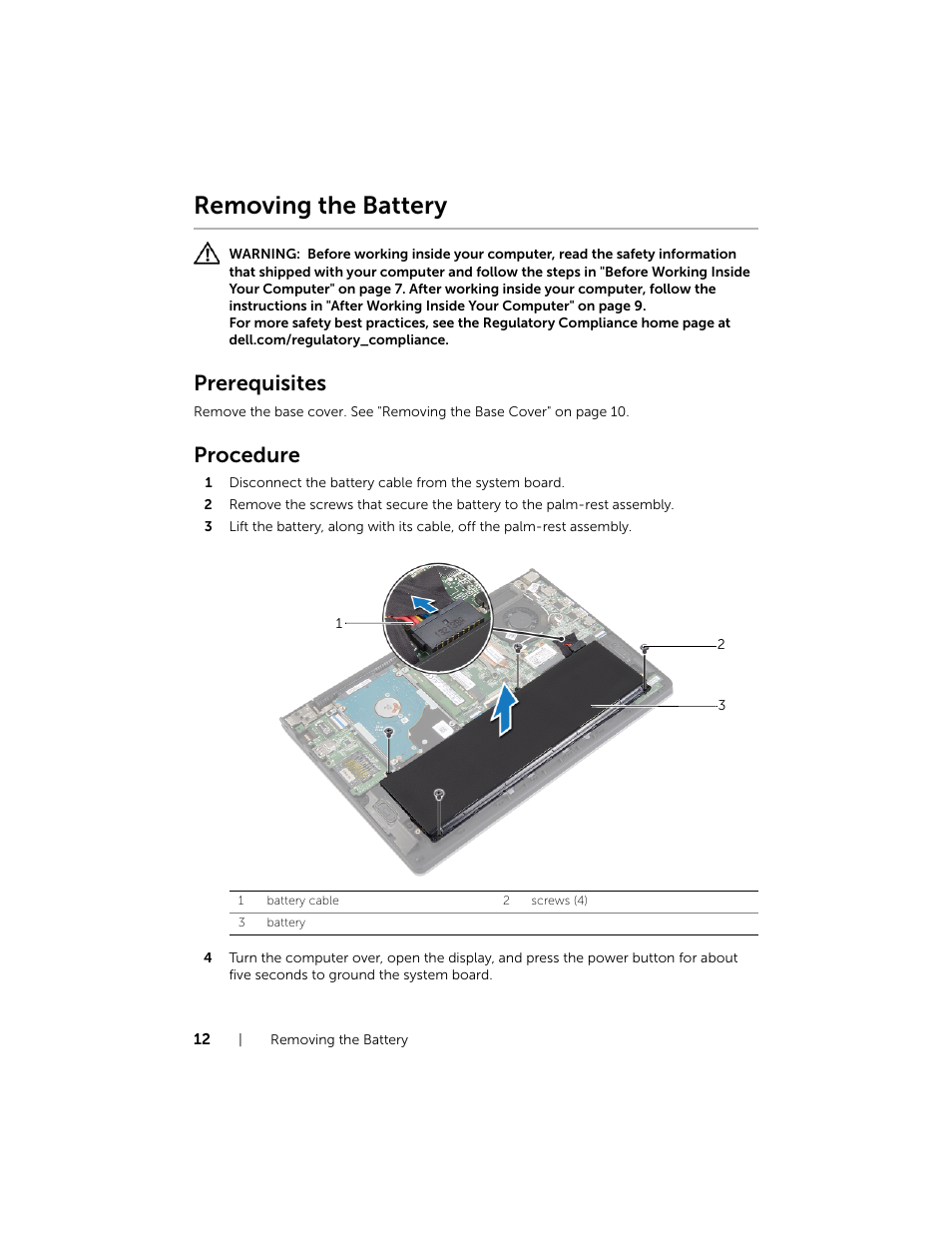 Removing the battery, Prerequisites, Procedure | Dell Inspiron 11 (3138, Late 2013) User Manual | Page 12 / 49