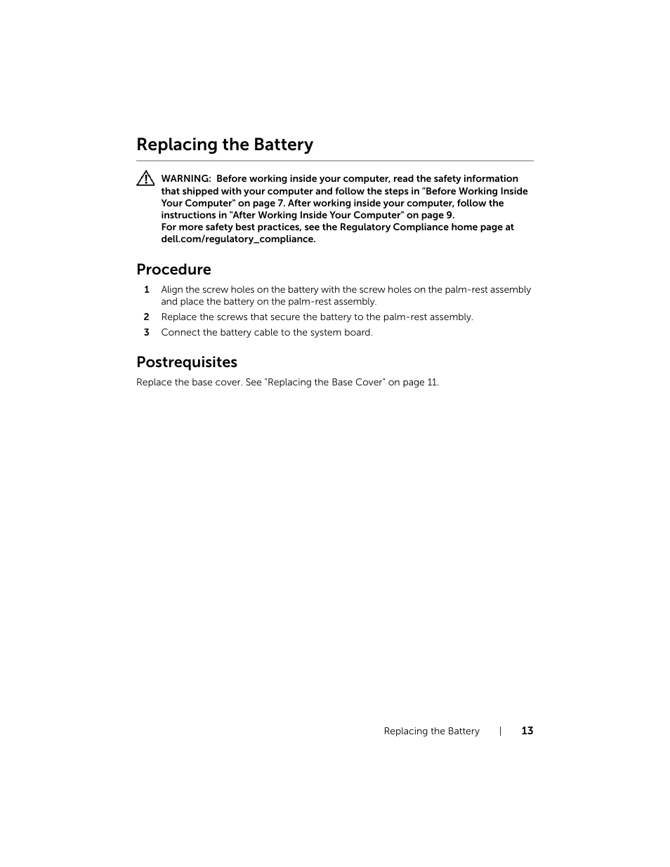 Replacing the battery, Procedure, Postrequisites | Dell Inspiron 11 (3138, Late 2013) User Manual | Page 13 / 49