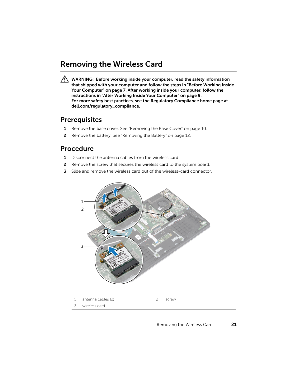 Removing the wireless card, Prerequisites, Procedure | Dell Inspiron 11 (3138, Late 2013) User Manual | Page 21 / 49