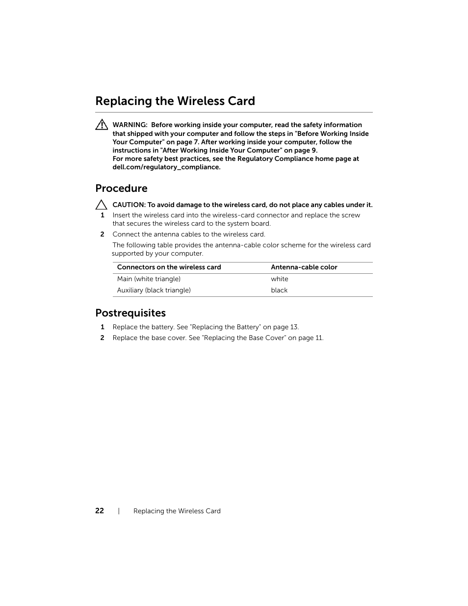 Replacing the wireless card, Procedure, Postrequisites | Dell Inspiron 11 (3138, Late 2013) User Manual | Page 22 / 49