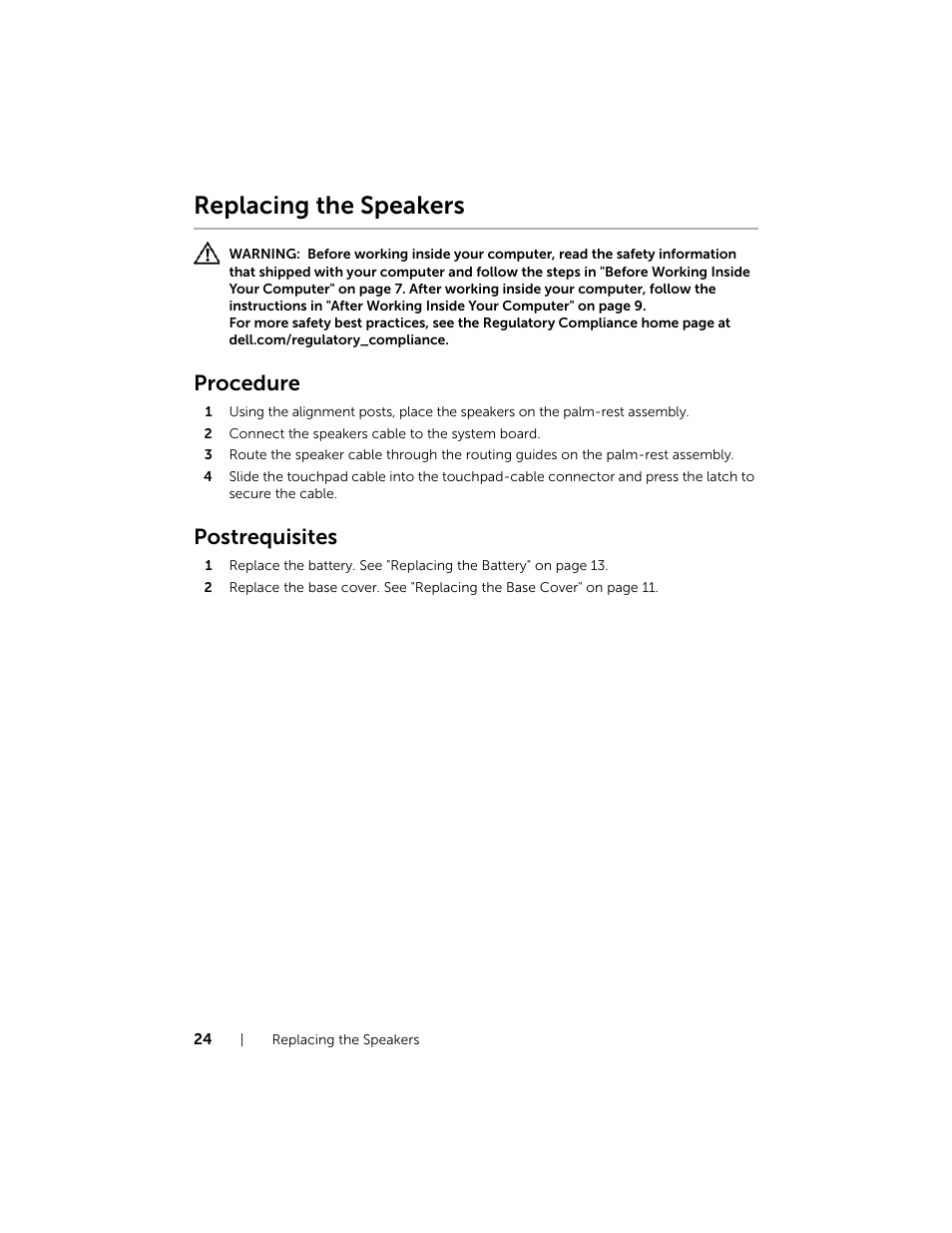 Replacing the speakers, Procedure, Postrequisites | Dell Inspiron 11 (3138, Late 2013) User Manual | Page 24 / 49