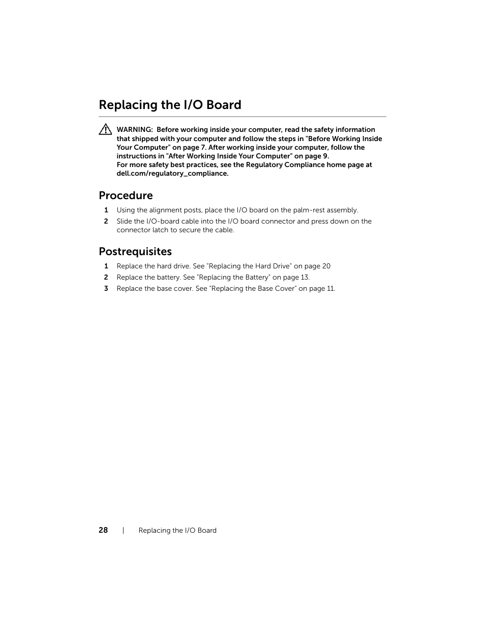 Replacing the i/o board, Procedure, Postrequisites | Dell Inspiron 11 (3138, Late 2013) User Manual | Page 28 / 49
