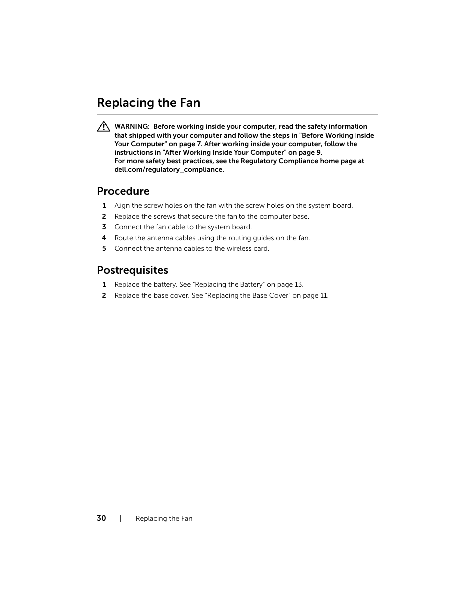 Replacing the fan, Procedure, Postrequisites | Dell Inspiron 11 (3138, Late 2013) User Manual | Page 30 / 49