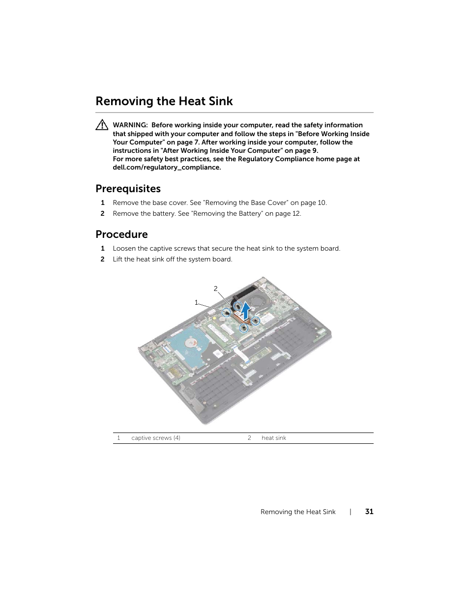 Removing the heat sink, Prerequisites, Procedure | Dell Inspiron 11 (3138, Late 2013) User Manual | Page 31 / 49