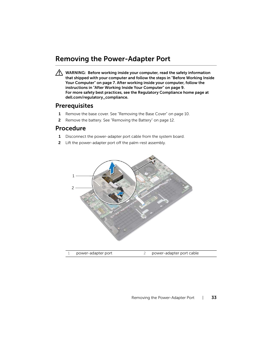Removing the power-adapter port, Prerequisites, Procedure | Dell Inspiron 11 (3138, Late 2013) User Manual | Page 33 / 49