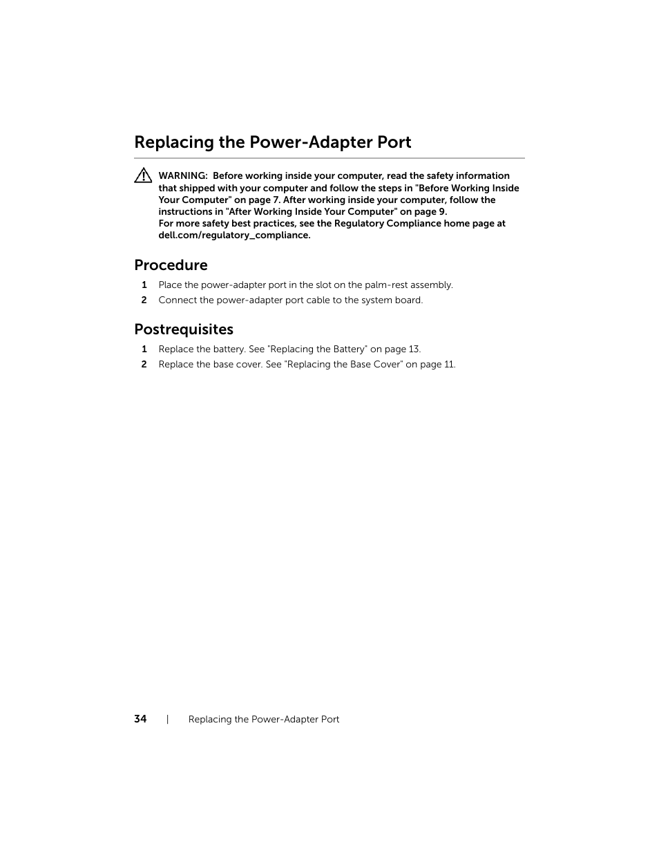 Replacing the power-adapter port, Procedure, Postrequisites | Dell Inspiron 11 (3138, Late 2013) User Manual | Page 34 / 49