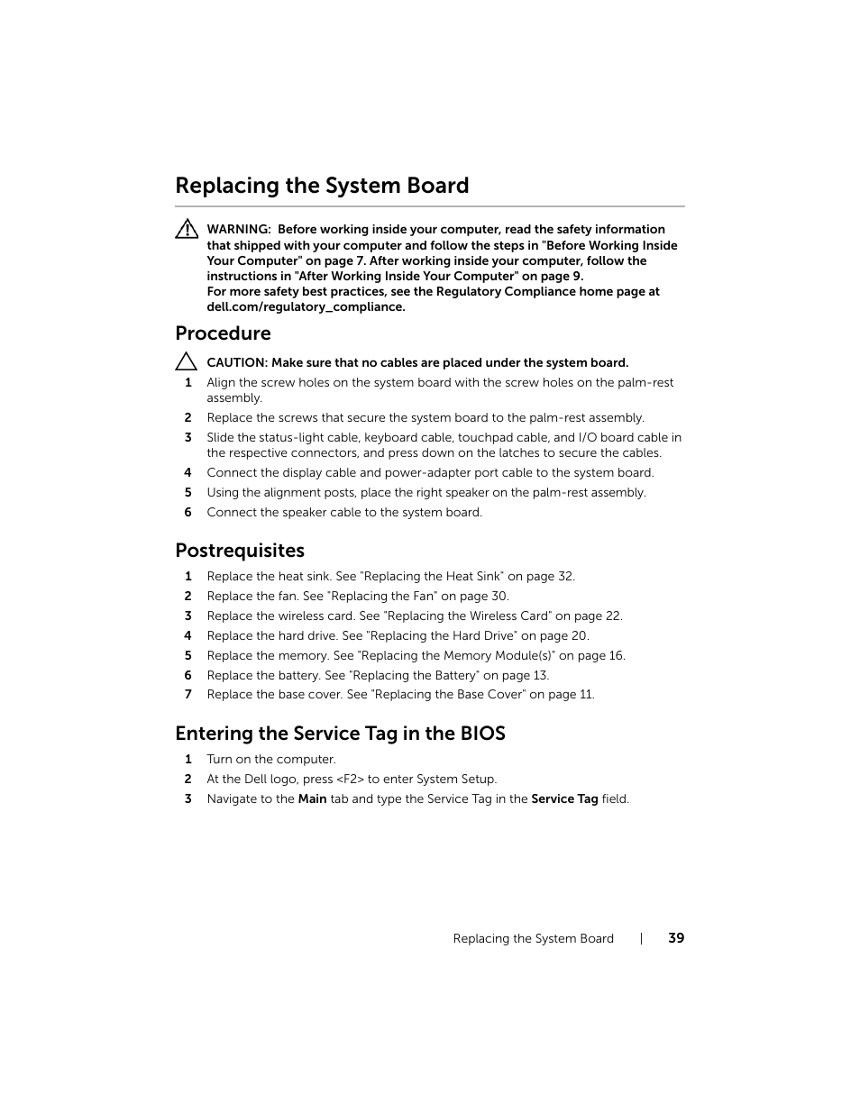 Replacing the system board, Procedure, Postrequisites | Entering the service tag in the bios | Dell Inspiron 11 (3138, Late 2013) User Manual | Page 39 / 49