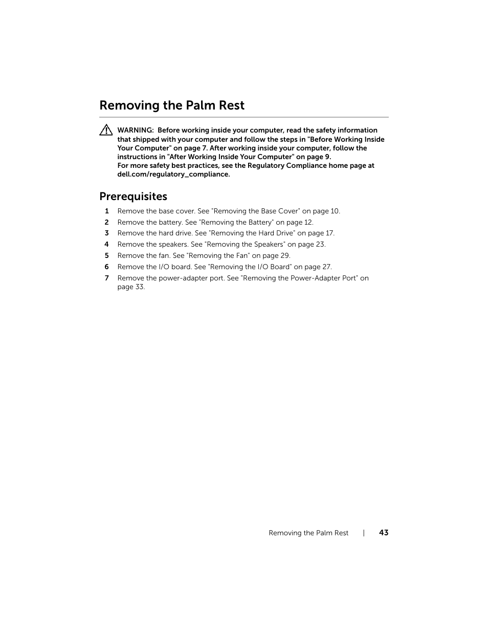 Removing the palm rest, Prerequisites | Dell Inspiron 11 (3138, Late 2013) User Manual | Page 43 / 49