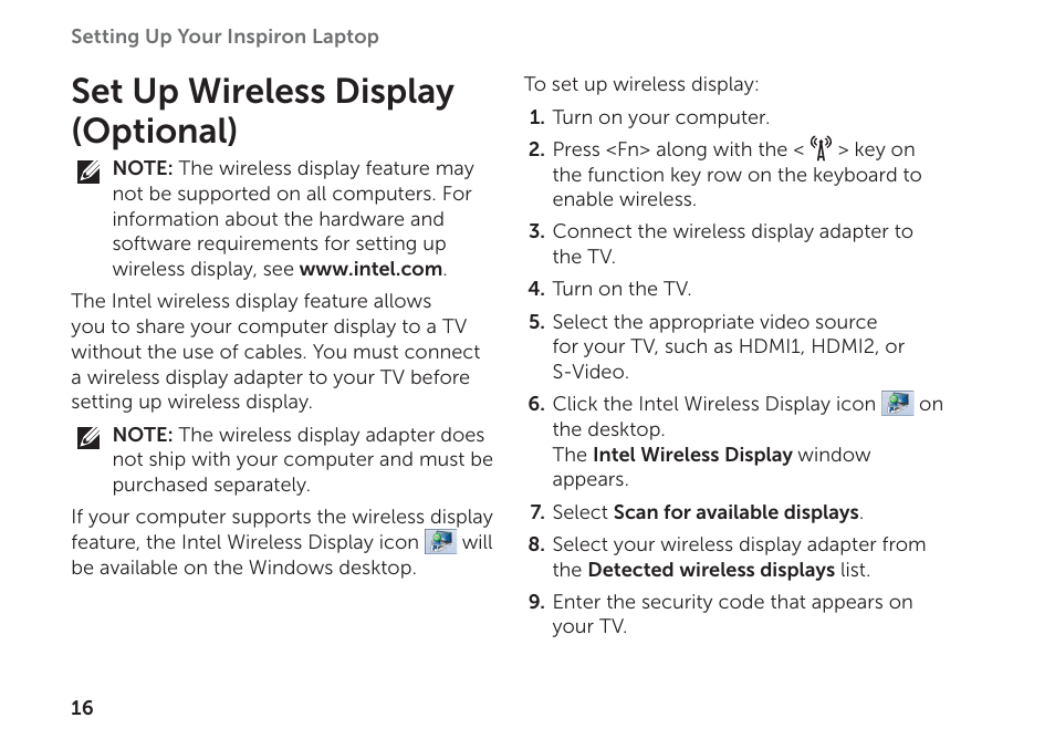 Set up wireless display (optional) | Dell Inspiron 14 (N4120, Early 2011) User Manual | Page 18 / 101