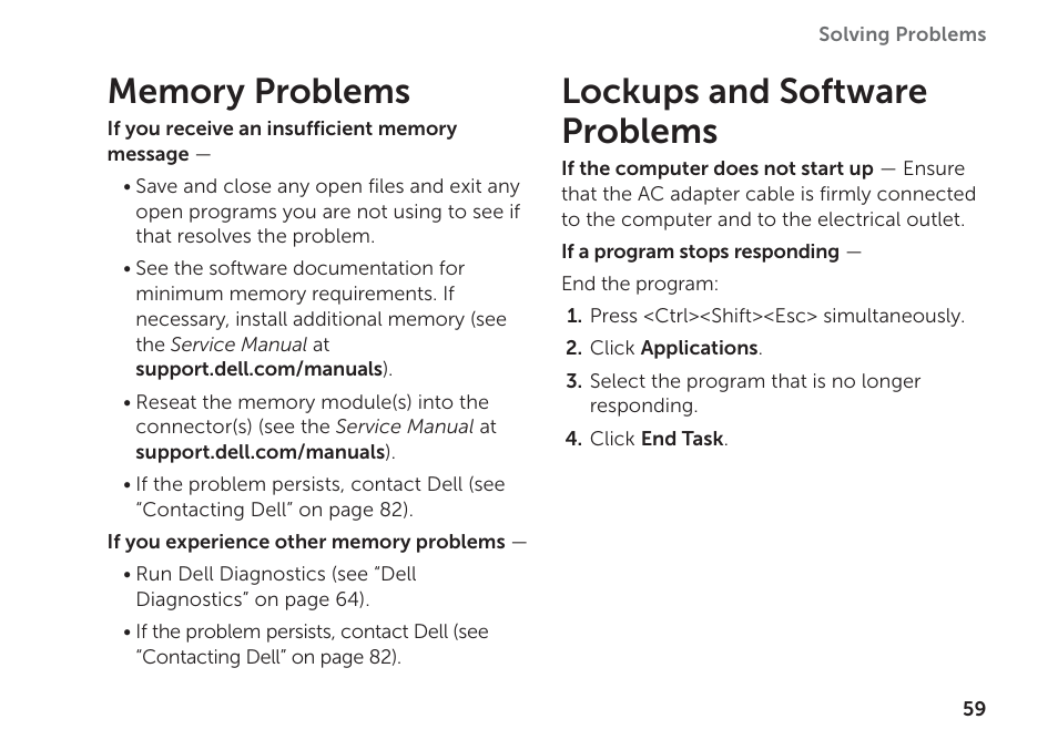 Memory problems, Lockups and software problems, Memory problems lockups and software problems | Dell Inspiron 14 (N4120, Early 2011) User Manual | Page 61 / 101