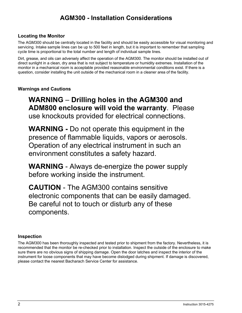 Agm300 - installation considerations, Locating the monitor, Warnings and cautions | Inspection, Agm300, Nstallation, Onsiderations | Bacharach AGM300 User Manual | Page 10 / 94