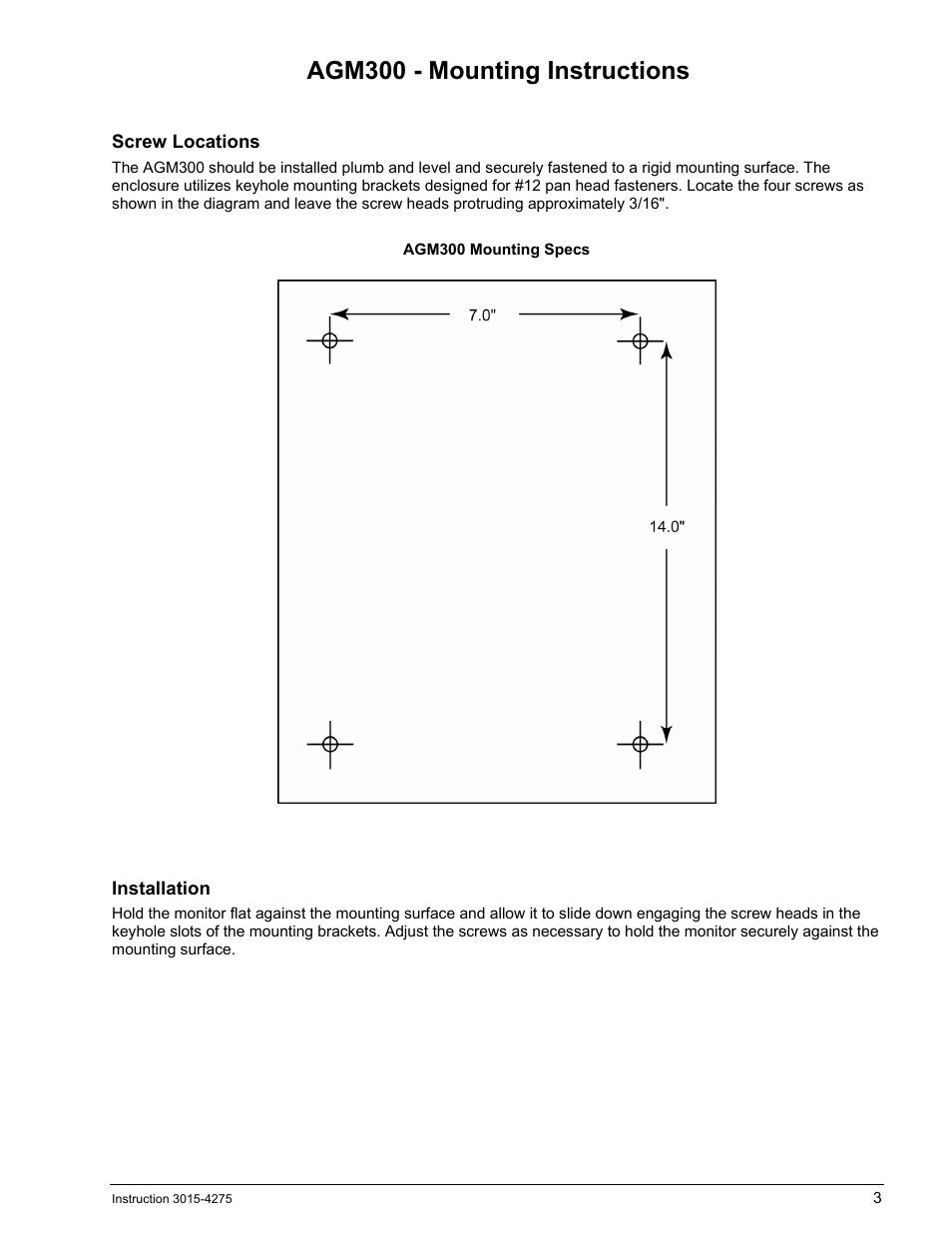 Agm300 - mounting instructions, Screw locations, Installation | Agm300, Ounting, Nstructions | Bacharach AGM300 User Manual | Page 11 / 94