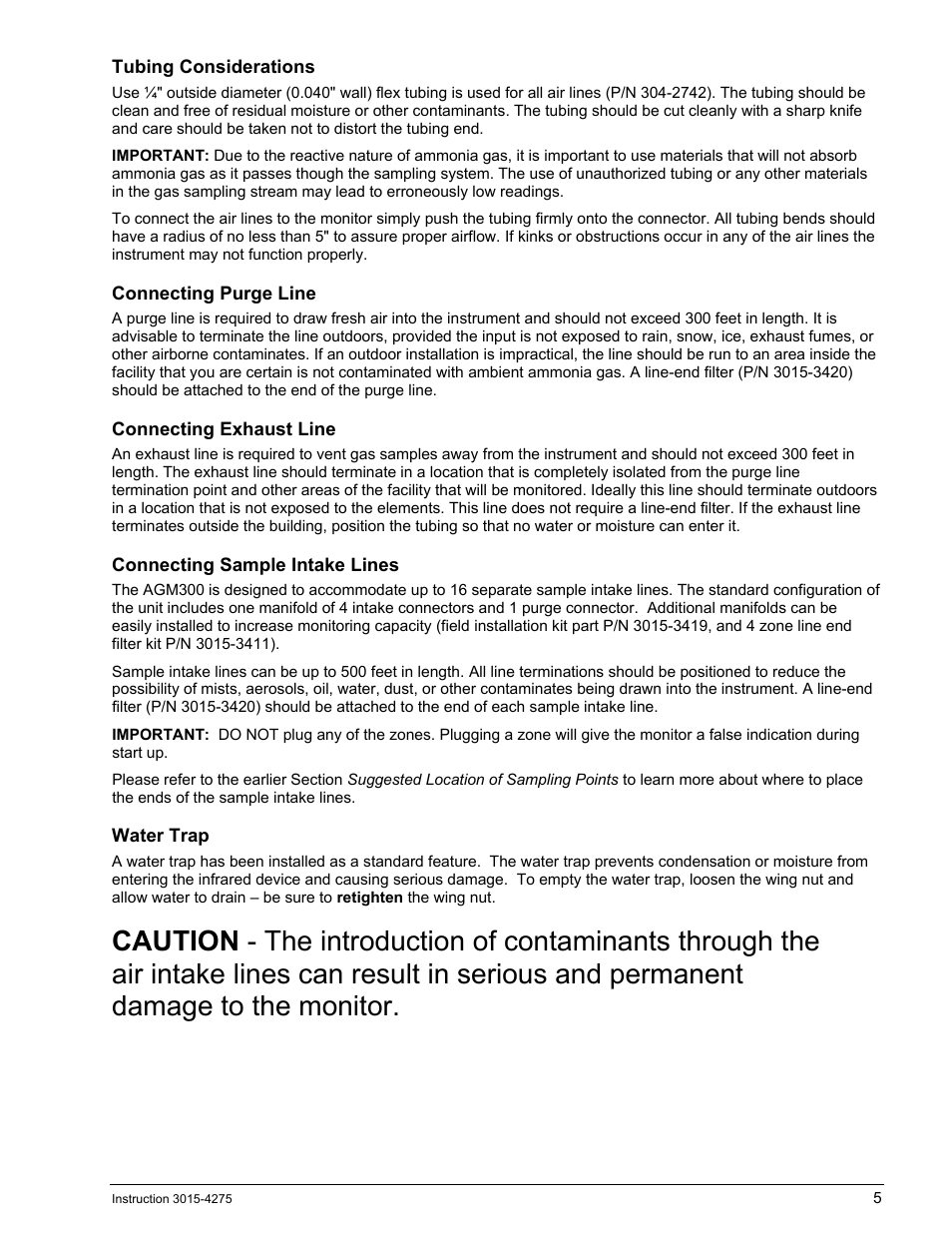 Tubing considerations, Connecting purge line, Connecting exhaust line | Connecting sample intake lines, Water trap | Bacharach AGM300 User Manual | Page 13 / 94