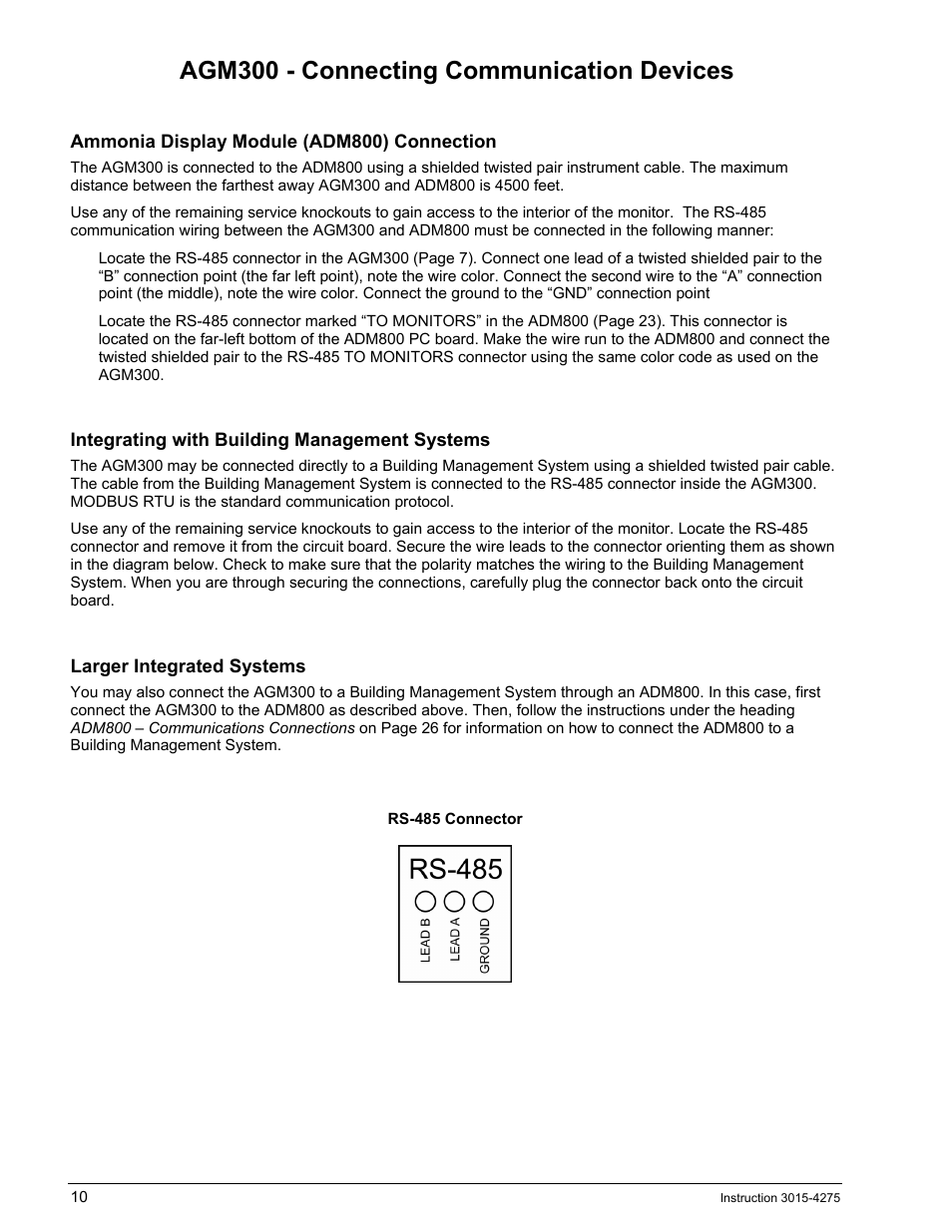 Agm300 - connecting communication devices, Ammonia display module (adm800) connection, Integrating with building management systems | Larger integrated systems, Agm300, Onnecting, Ommunication, Evices | Bacharach AGM300 User Manual | Page 18 / 94
