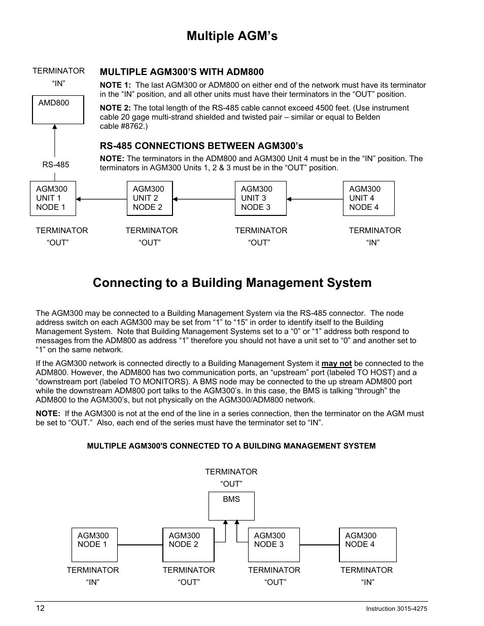 Multiple agm’s, Multiple agm300’s with adm800, Rs 485 connections between agm300’s | Connecting to a building management system, Ultiple, Onnecting to a, Uilding, Anagement, Ystem | Bacharach AGM300 User Manual | Page 20 / 94