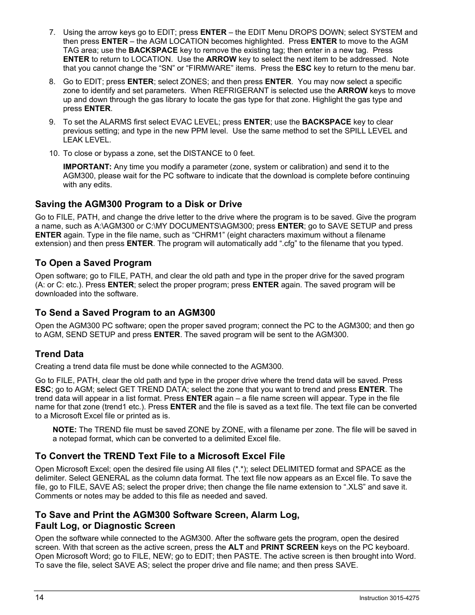 Saving the agm300 program to a disk or drive, To open a saved program, To send a saved program to an agm300 | Trend data | Bacharach AGM300 User Manual | Page 22 / 94