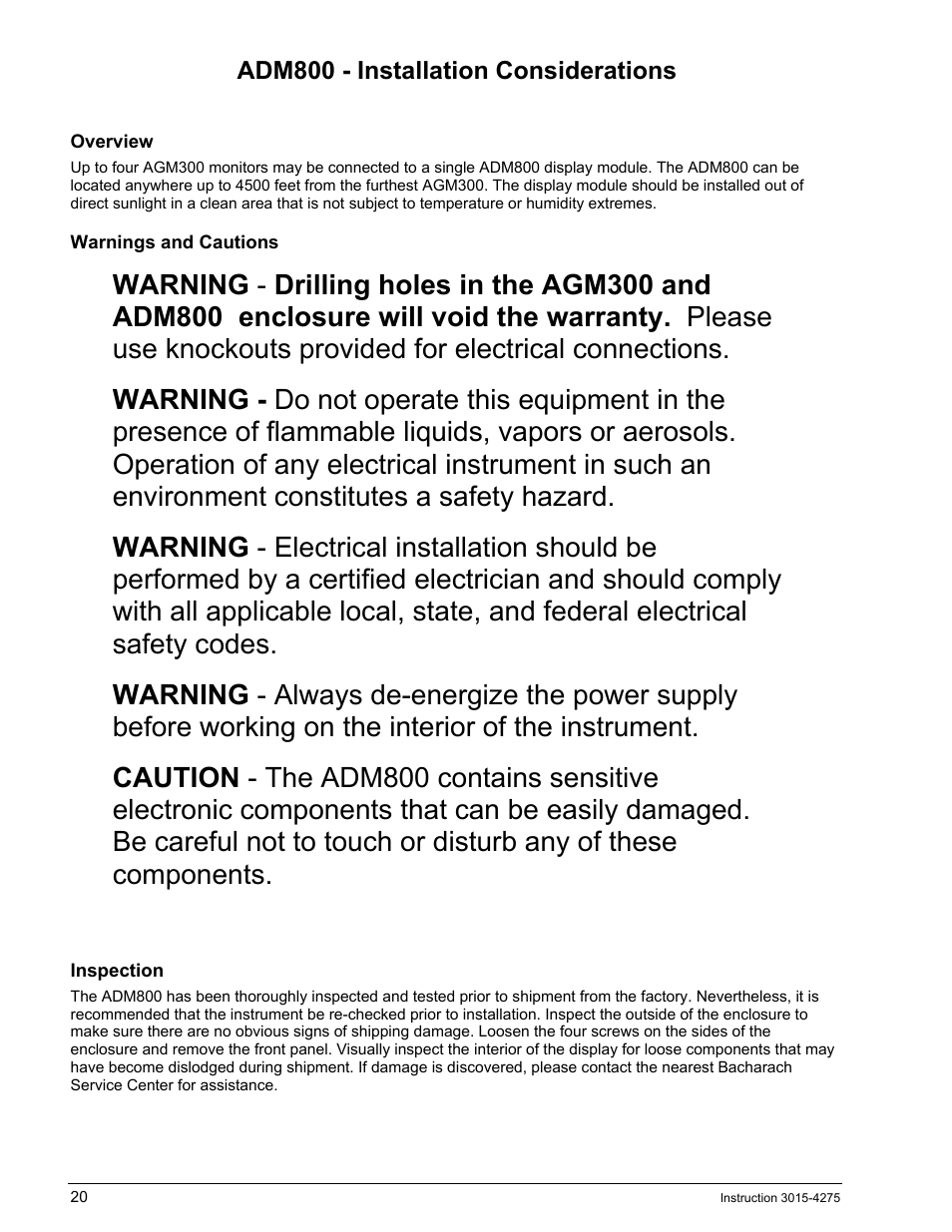 Adm800 - installation considerations, Overview, Warnings and cautions | Inspection, Adm800, Nstallation, Onsiderations | Bacharach AGM300 User Manual | Page 28 / 94