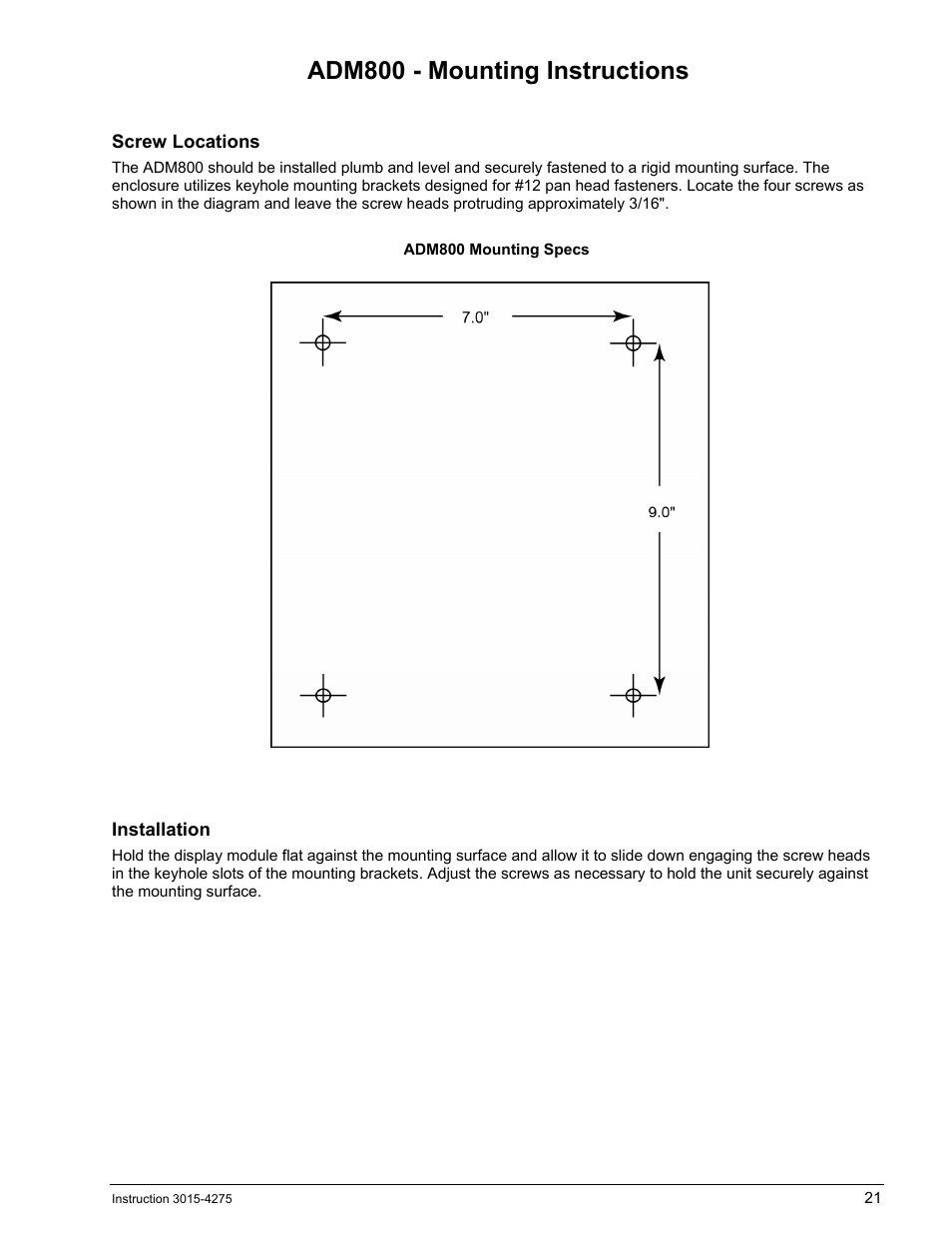 Adm800 - mounting instructions, Screw locations, Installation | Adm800, Ounting, Nstructions | Bacharach AGM300 User Manual | Page 29 / 94