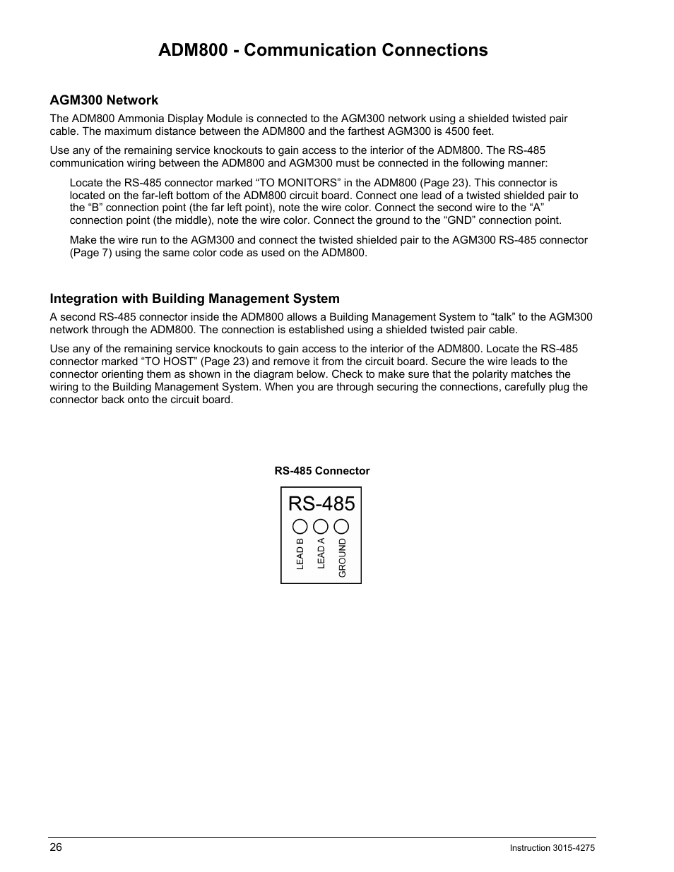 Adm800 - communication connections, Agm300 network, Integration with building management system | Adm800, Ommunication, Onnections | Bacharach AGM300 User Manual | Page 34 / 94