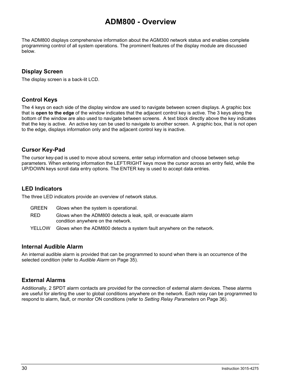 Adm800 - overview, Display screen, Control keys | Cursor key-pad, Led indicators, Internal audible alarm, External alarms, Adm800, Verview | Bacharach AGM300 User Manual | Page 38 / 94