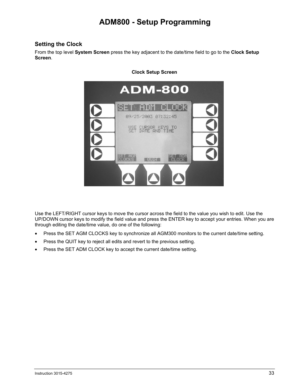 Adm800 - setup programming, Setting the clock, Adm800 | Etup, Rogramming | Bacharach AGM300 User Manual | Page 41 / 94