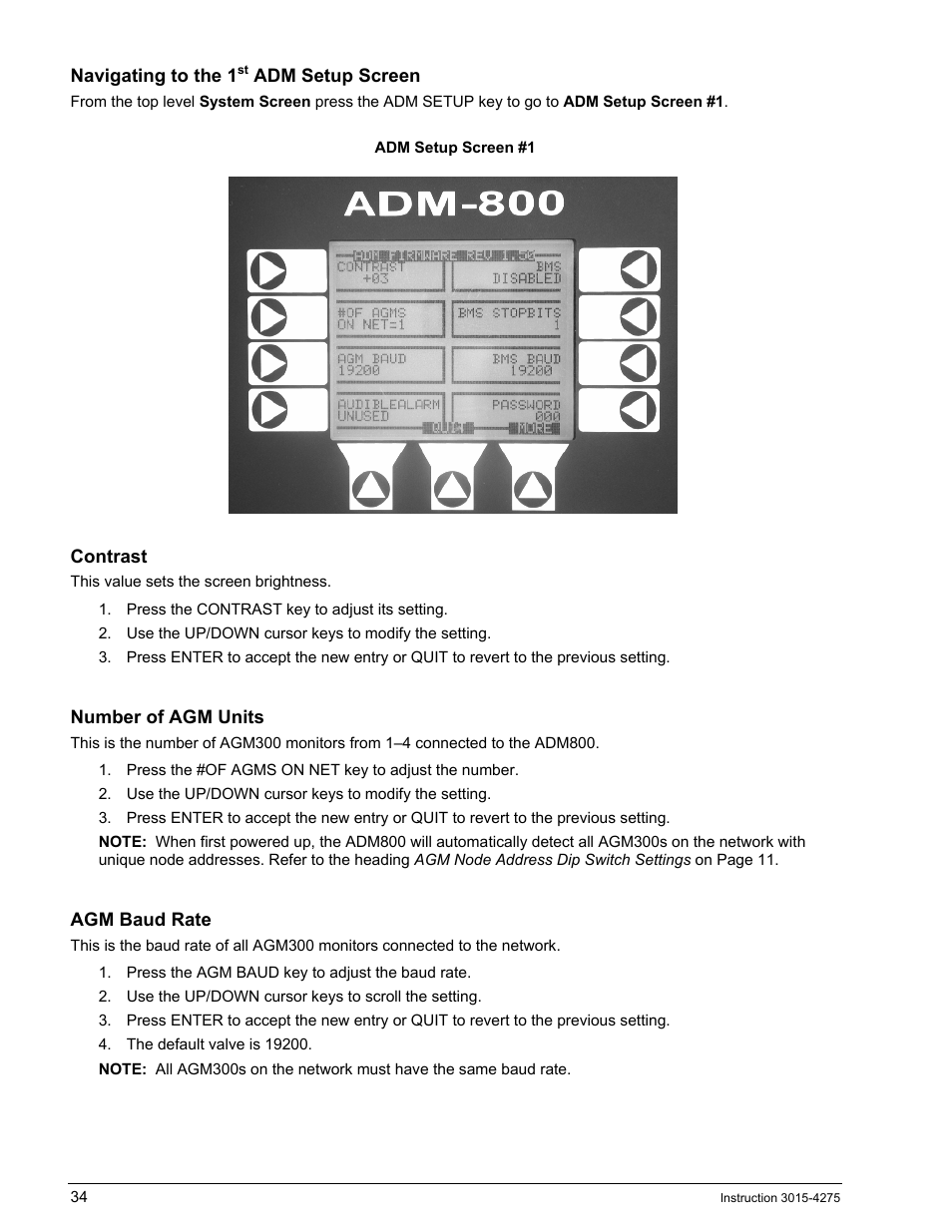 Navigating to the 1st adm setup screen, Contrast, Number of agm units | Agm baud rate | Bacharach AGM300 User Manual | Page 42 / 94