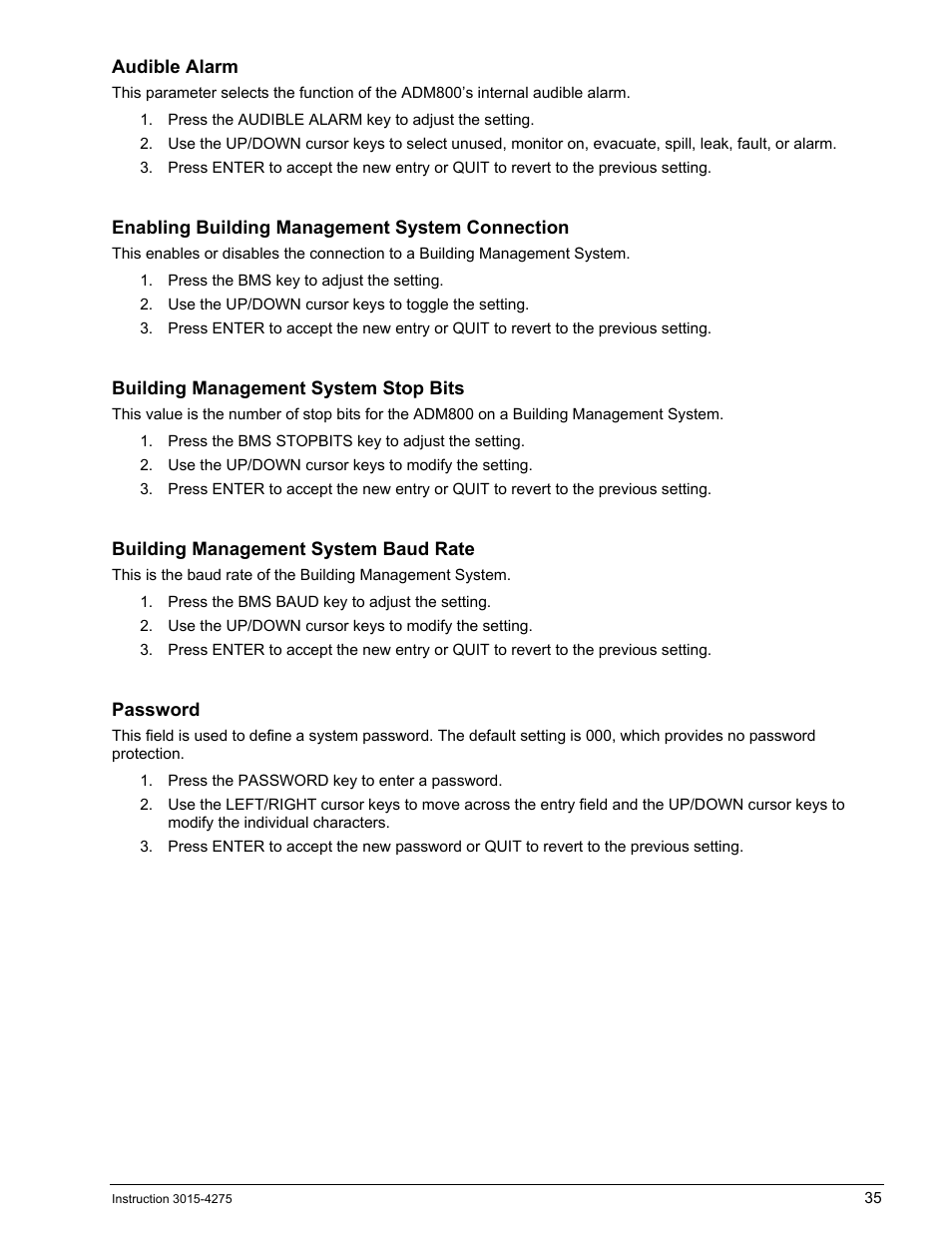Audible alarm, Enabling building management system connection, Building management system stop bits | Building management system baud rate, Password | Bacharach AGM300 User Manual | Page 43 / 94