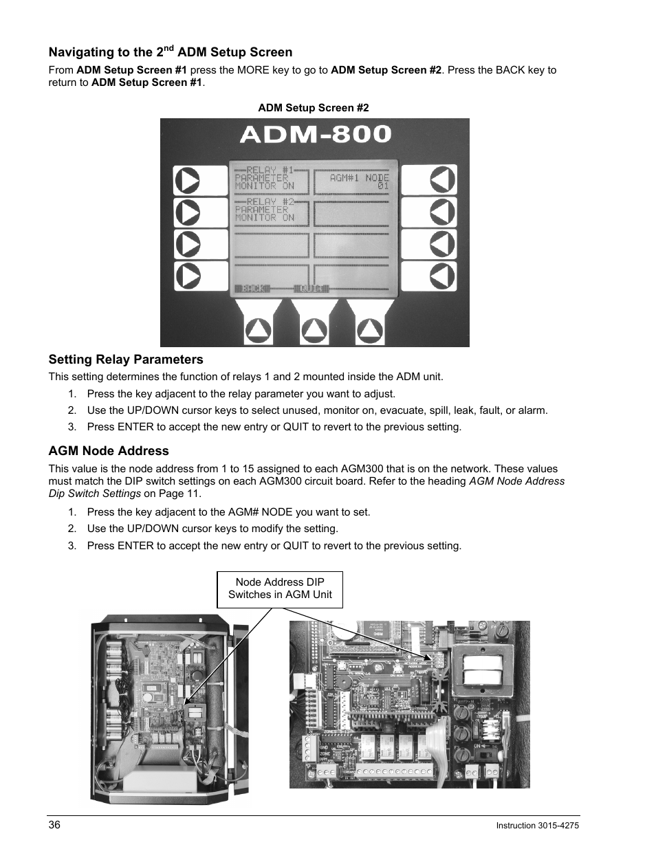 Navigating to the 2nd adm setup screen, Setting relay parameters, Agm node address | Bacharach AGM300 User Manual | Page 44 / 94