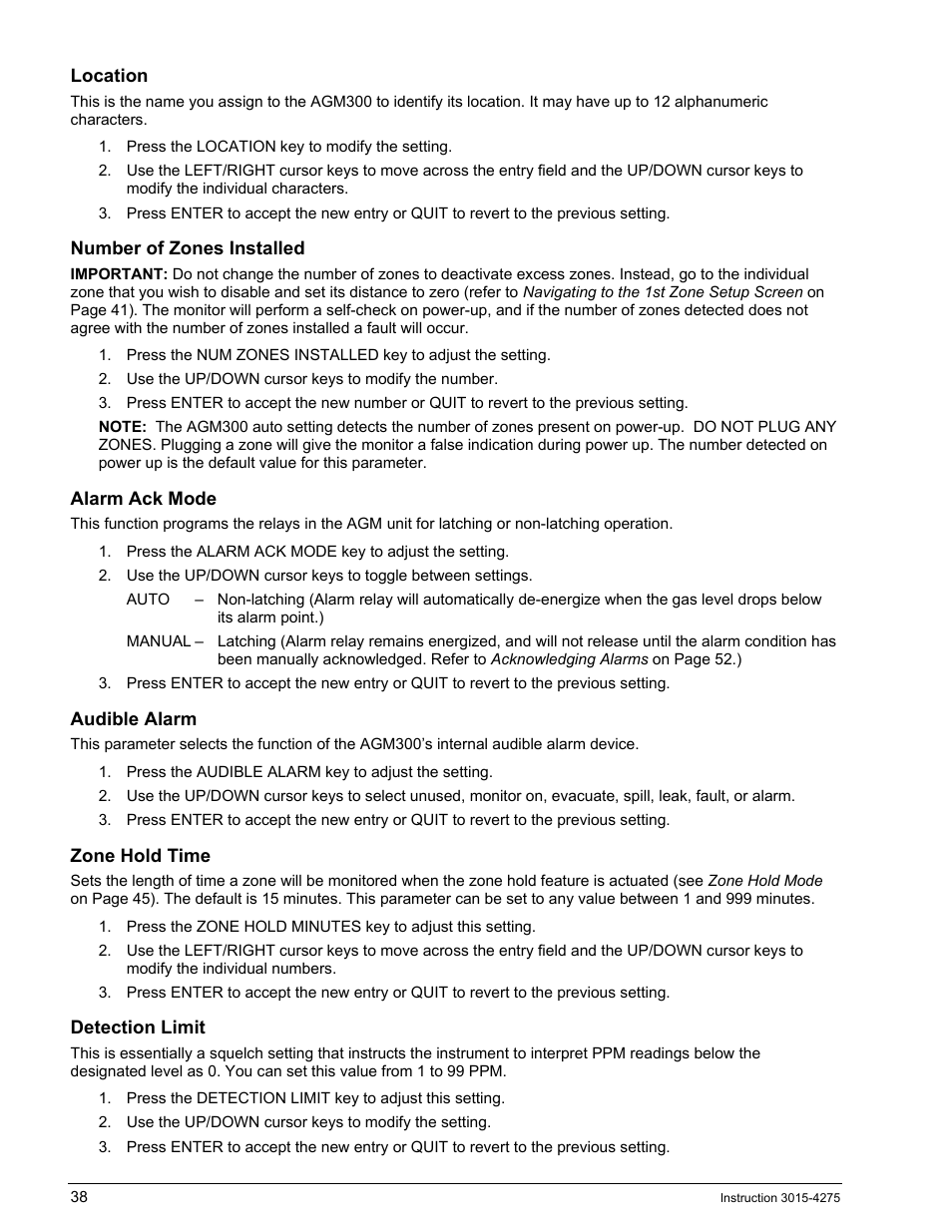 Location, Number of zones installed, Alarm ack mode | Audible alarm, Zone hold time, Detection limit | Bacharach AGM300 User Manual | Page 46 / 94